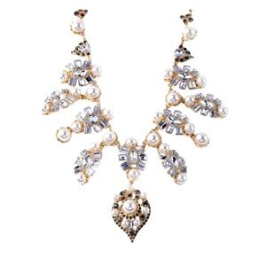 Statement Crystal & Pearl Drop Necklace – Gold Tone, Elegant Glam Design